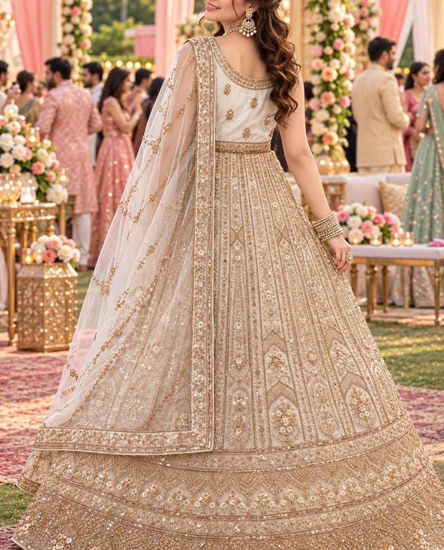 CREAM - Cream Net Beads Lehenga Choli for Ceremonial